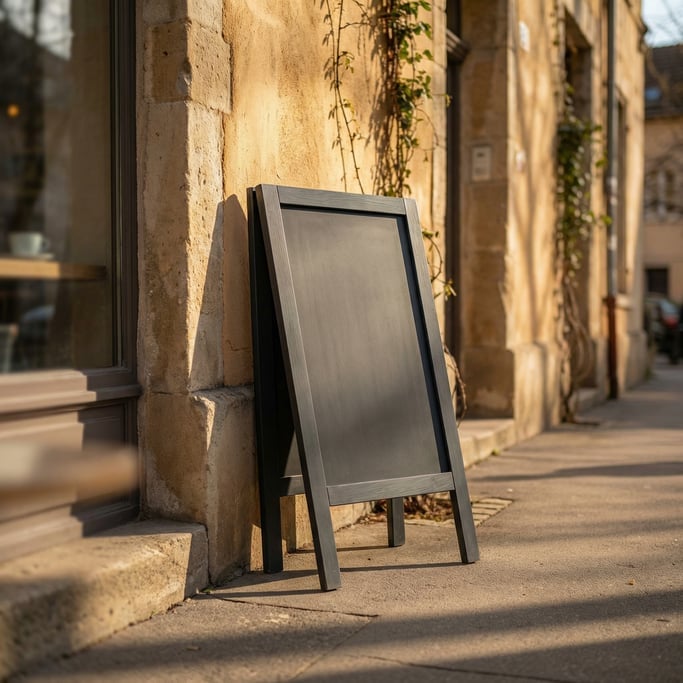 Sandwich board sign on a clean plaster wall