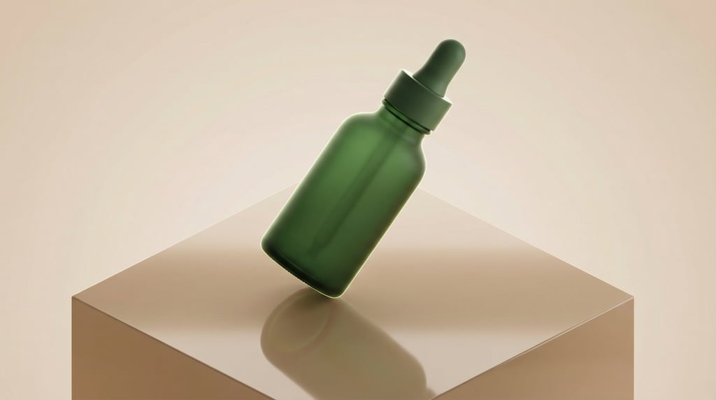 Isometric view, essential oil bottle in matte forest green, single at dramatic angle
