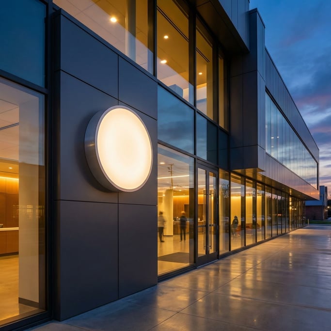 Round wall-mounted sign on a modern building exterior with glass panels