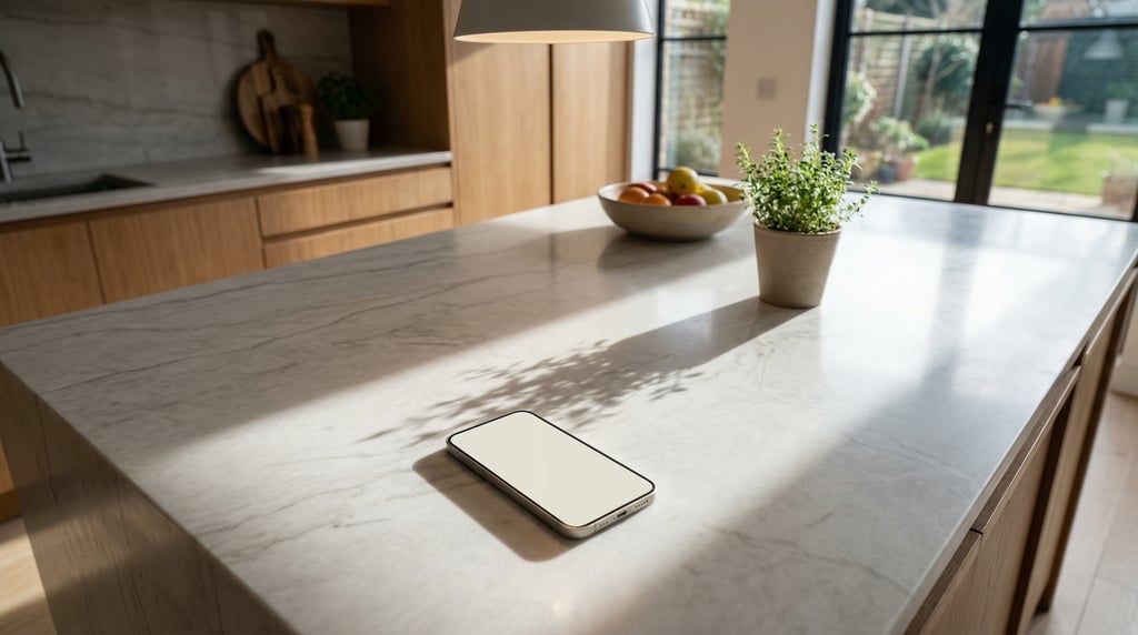 Slim smartphone on a pale marble surface, blank solid ivory screen with no content or UI