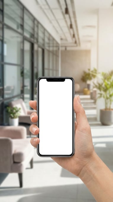 Hand holding a smartphone in a modern office lobby, blank solid white screen with no content or UI