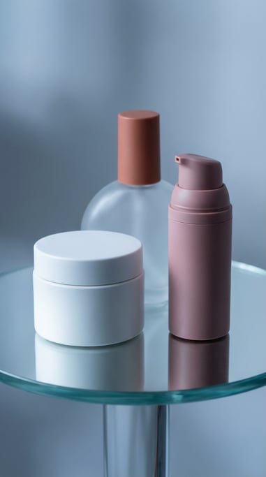Wide-mouth jar in matte white and airless pump container in matte dusty rose and round glass bottle