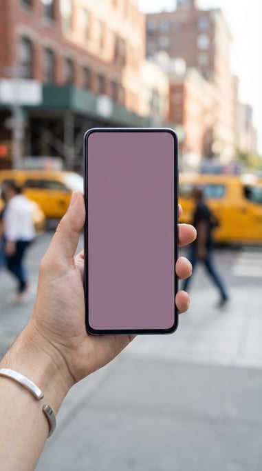Hand holding a slim smartphone with blurred city street behind
