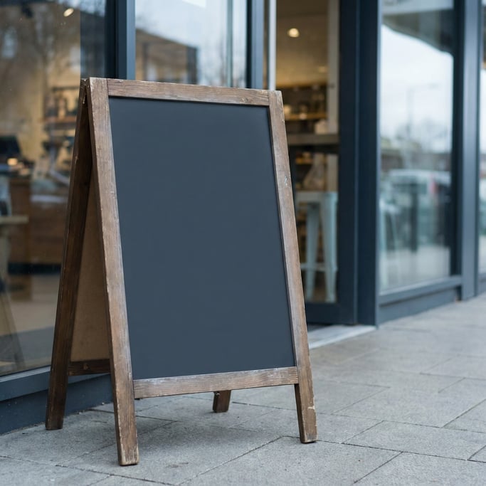 Sandwich board sign outside a glass storefront