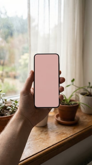 Hand holding a modern smartphone near a window with soft natural light