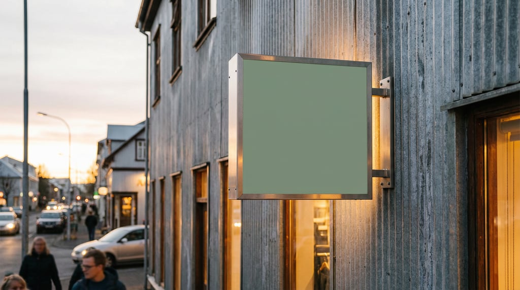 Square wall-mounted blade sign on a corrugated metal wall