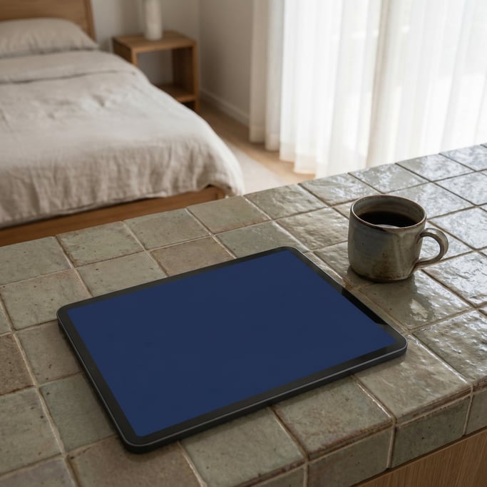Large tablet on a ceramic tile surface, blank solid navy screen with no content or UI