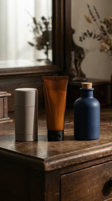 Deodorant stick container in matte warm grey and squeeze tube in amber glass and medicine bottle in