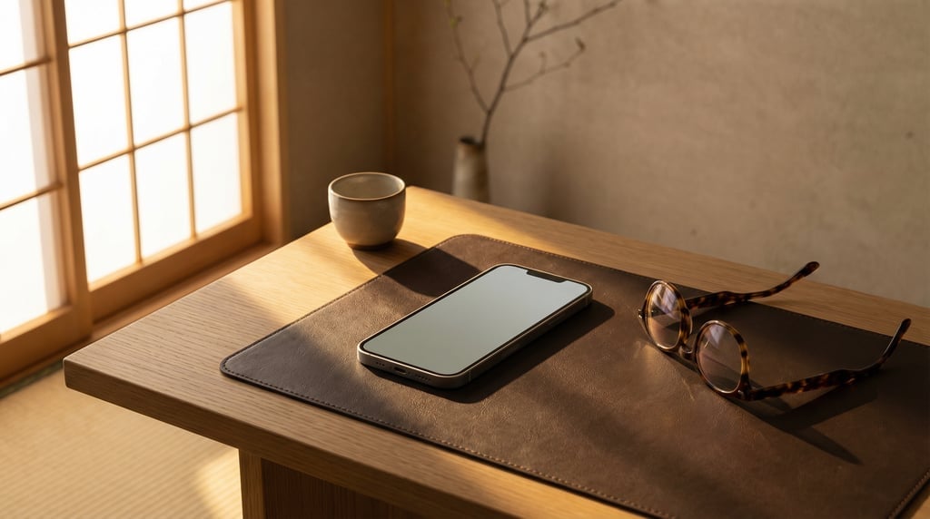 Smartphone on a leather desk pad, blank solid silver grey screen with no content or UI