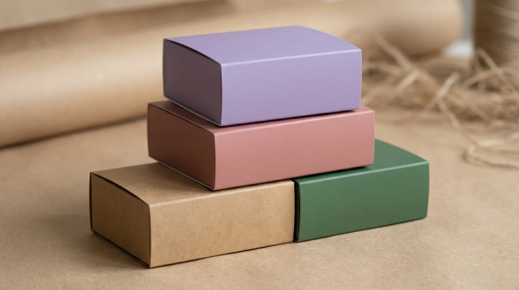 Sleeve-style box, pyramid of three boxes, each a different color — matte lavender