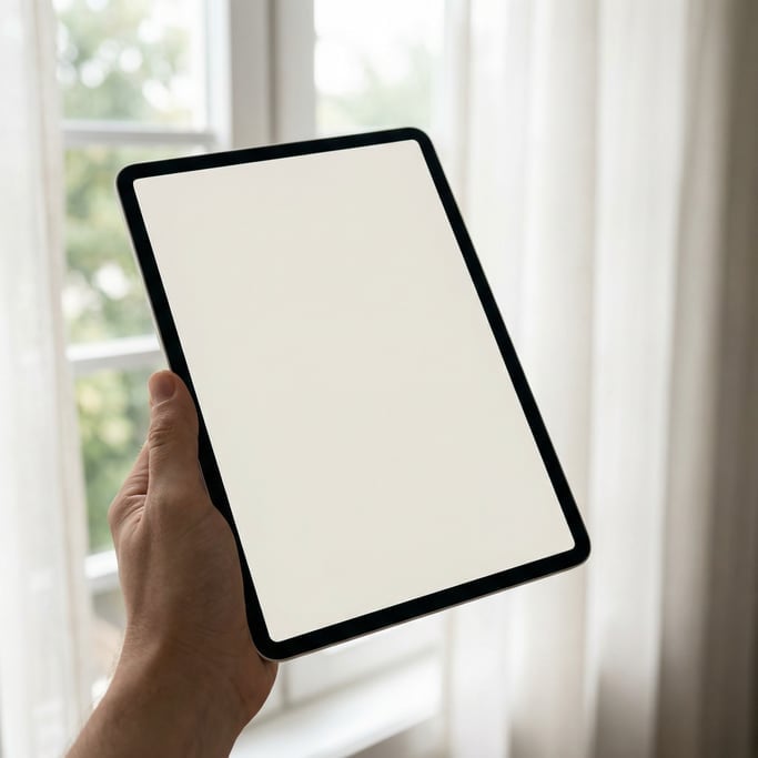 Hand holding a tablet near a window with soft natural light