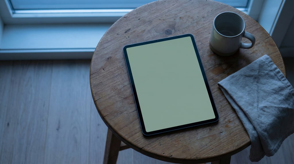 Tablet lying flat on a round wooden side table, blank solid soft sage screen with no content