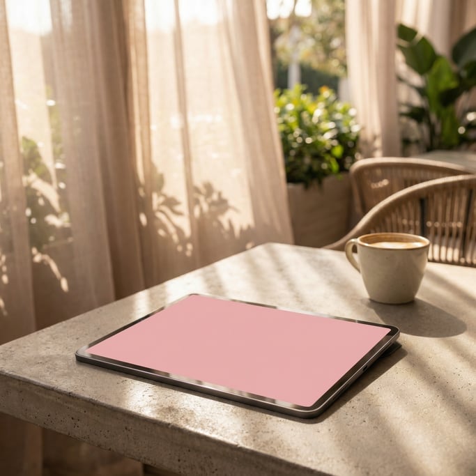 Slim tablet on a concrete desk, blank solid soft pink screen with no content or UI