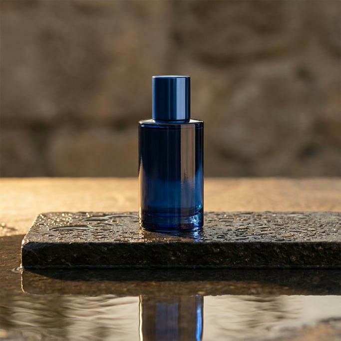 Round glass bottle with cap in glossy navy, single with reflection below