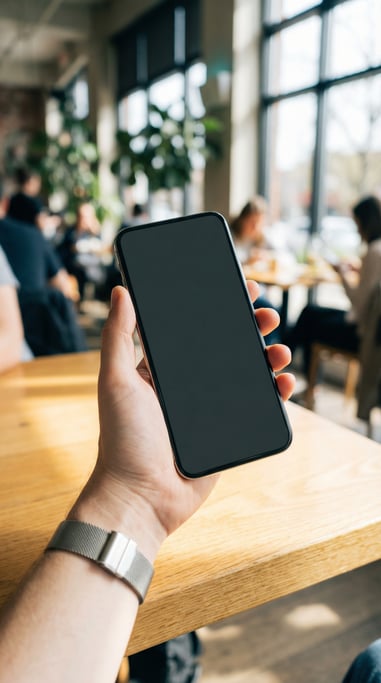 Hand holding a large-screen smartphone at slight angle in a bright cafe