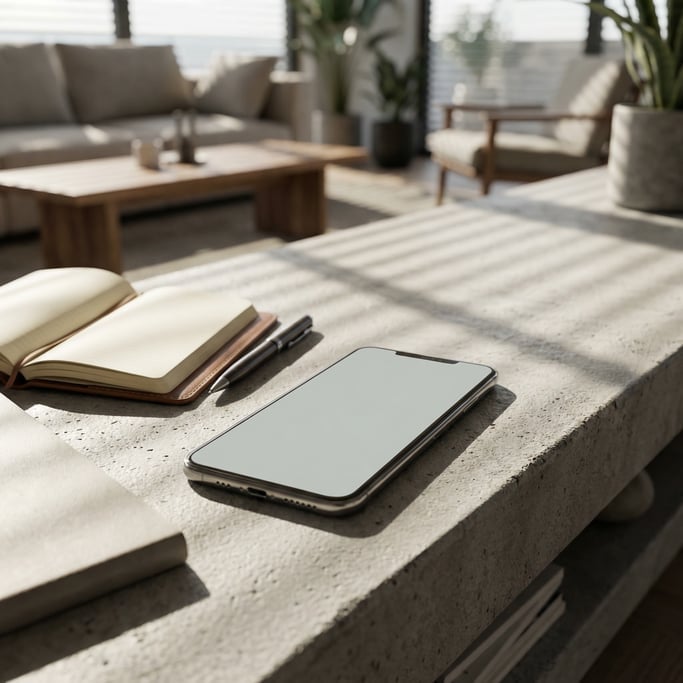 Smartphone on a concrete bench, blank solid pale grey screen with no content or UI