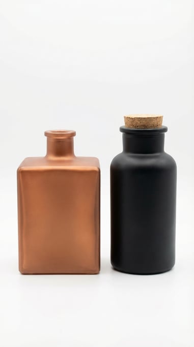 Square glass bottle in matte copper and tall apothecary jar in matte black