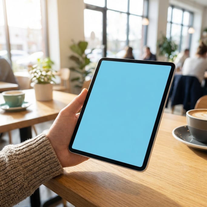 Hand holding a tablet at slight angle in a bright cafe