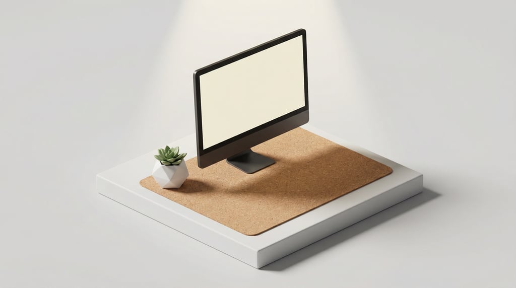 Isometric view, desktop monitor on a cork desk surface