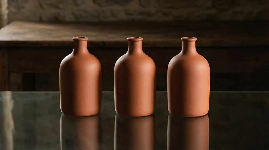 Wide glass bottle in matte terracotta, three in a row