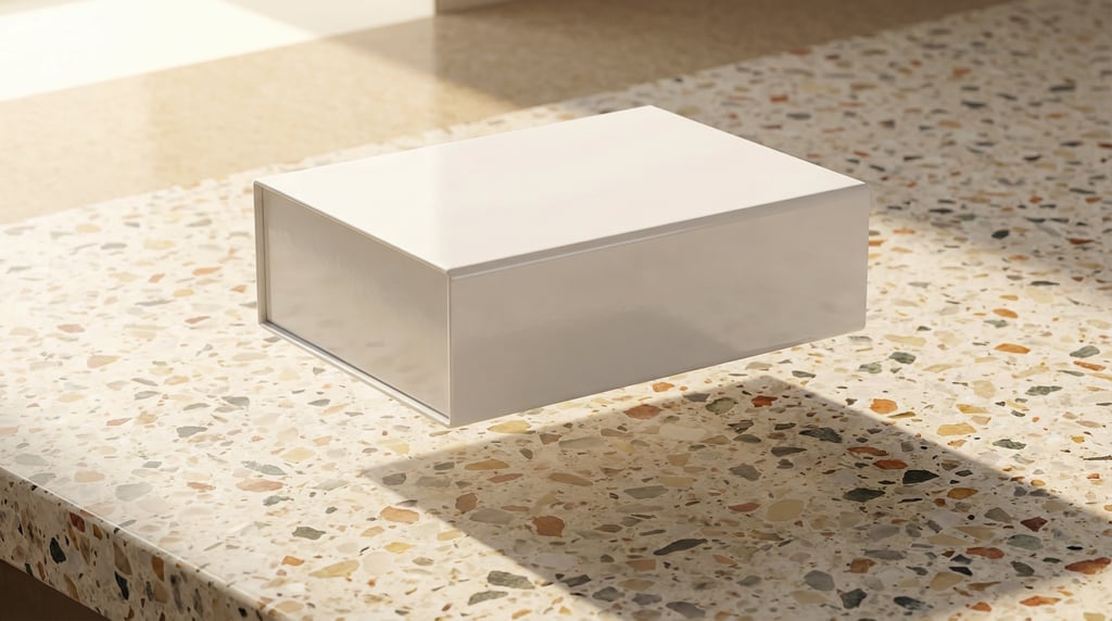 Magnetic closure box, single box floating with shadow below, glossy white finish