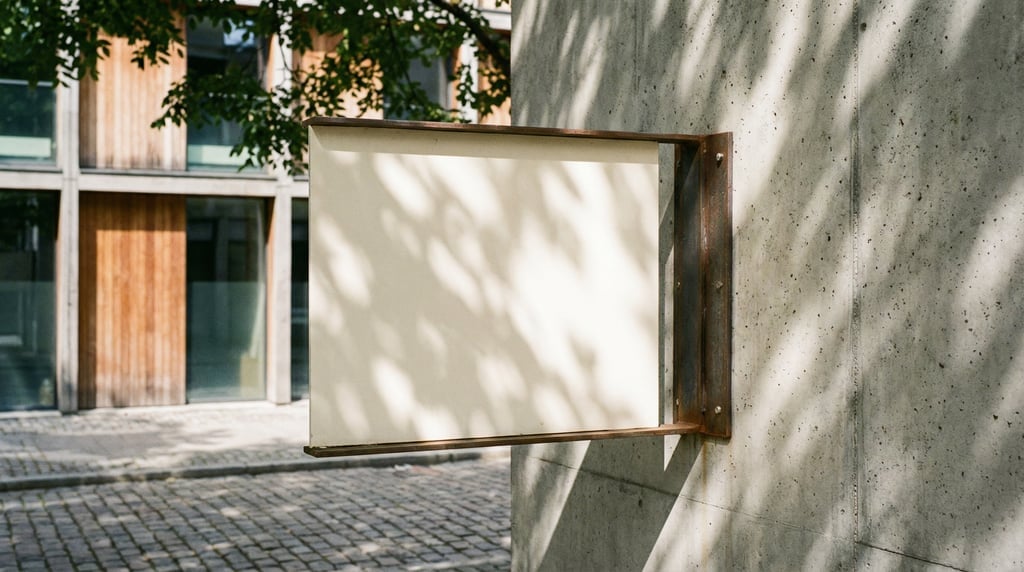 Metal bracket blade sign mounted on raw concrete wall