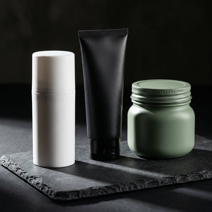 Airless pump container in matte white and squeeze tube in matte black and mason-style jar in matte s