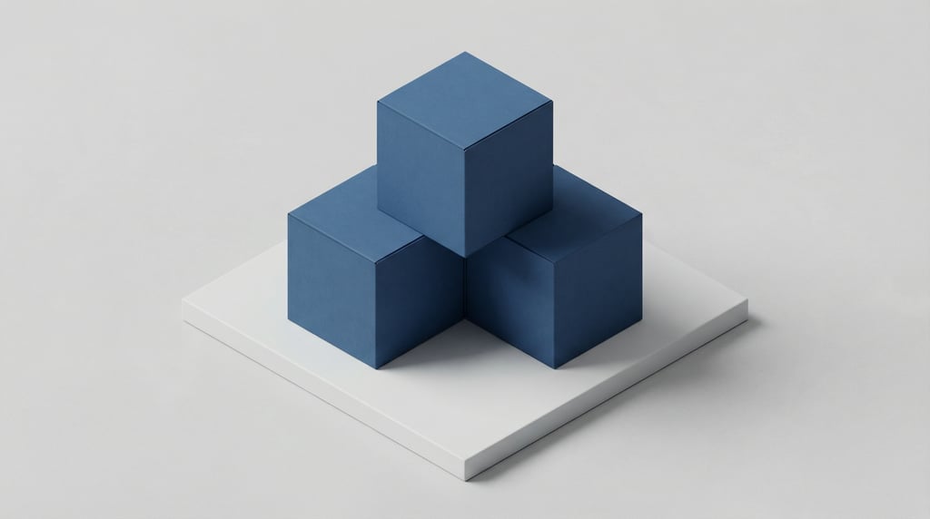 Isometric view, kraft cardboard box, stack of three boxes, matte deep blue finish