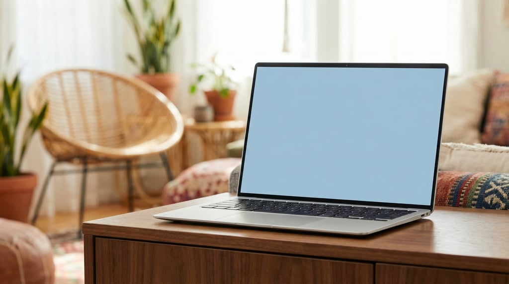 Thin modern laptop on a mid-century modern credenza