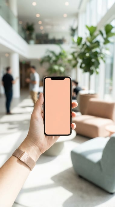 Hand holding a smartphone in a modern office lobby