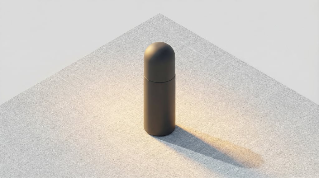 Isometric view, roll-on bottle in matte charcoal, single with shadow study