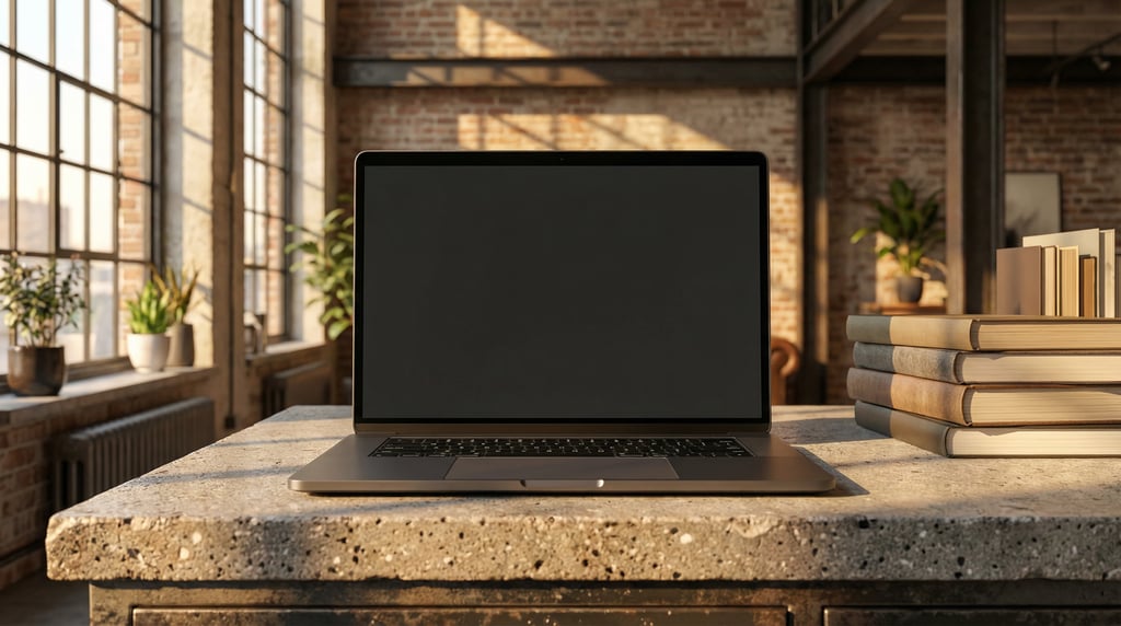 Premium laptop on a stone countertop, blank solid matte black screen with no content or UI