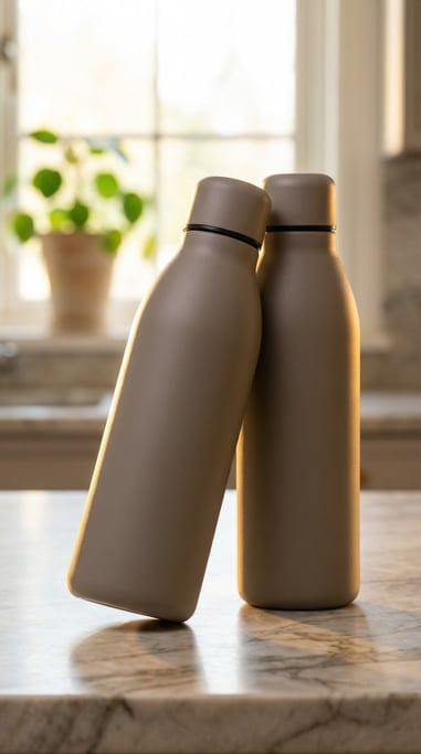 Sports bottle in matte warm grey, two overlapping slightly