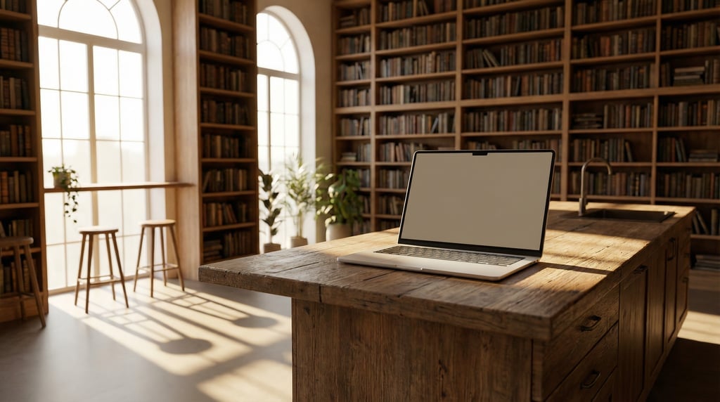 Thin modern laptop on a kitchen island countertop