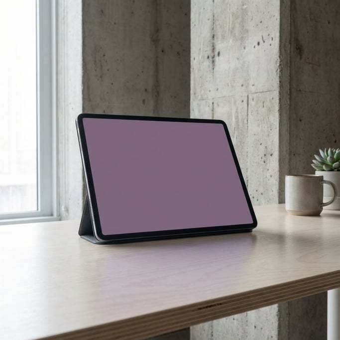 Pro tablet on a light birch desk, blank solid dusty purple screen with no content or UI