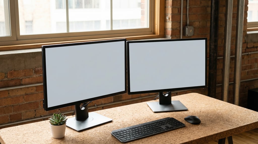 Dual monitor setup on a cork desk surface, blank solid light grey screen with no content or UI