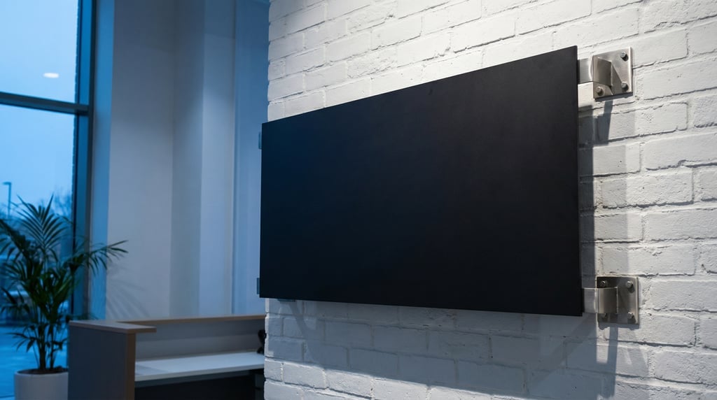 Directory sign in a lobby mounted on a white brick wall