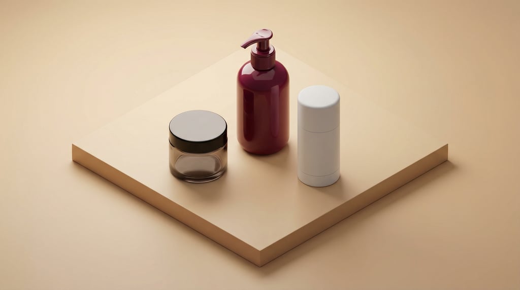 Isometric view, small round jar in smoked glass and pump dispenser bottle in glossy burgundy and deo
