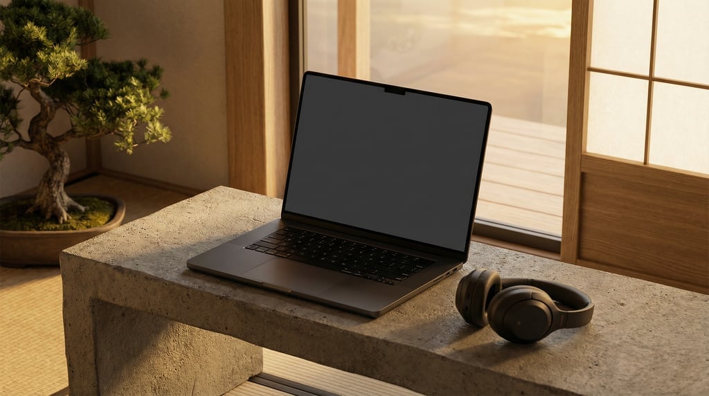 Sleek laptop on a concrete bench, blank solid charcoal screen with no content or UI