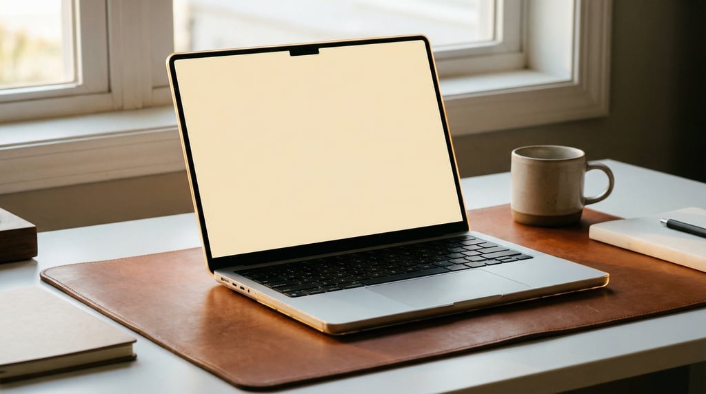 Lightweight laptop on a leather desk pad, blank solid warm cream screen with no content or UI