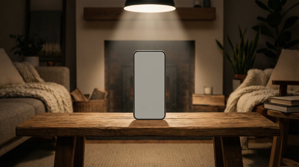 Slim smartphone on a wooden bench, blank solid dove grey screen with no content or UI