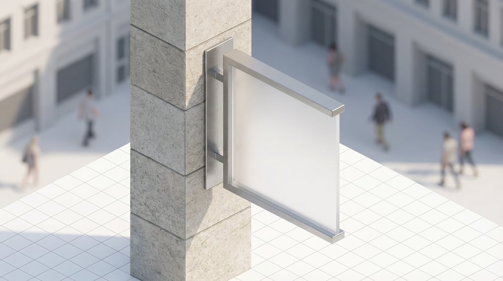 Isometric view, double-sided projecting sign on a stone column