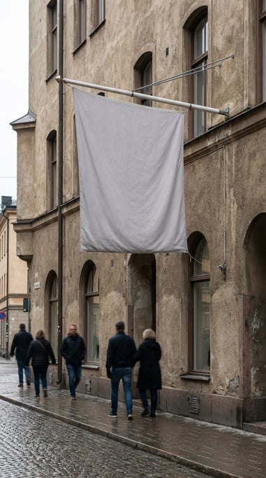 Flag banner on a building on a stucco building wall