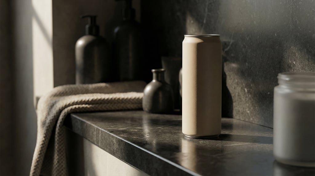 Slim aluminum can in matte sand, single with reflection below