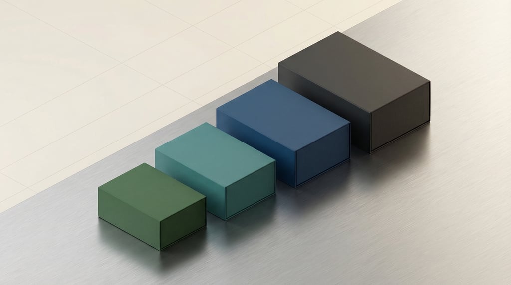 Isometric view, sleeve-style box, row of boxes in graduated sizes