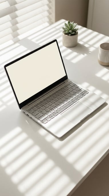 Lightweight laptop on a clean white desk, blank solid ivory screen with no content or UI