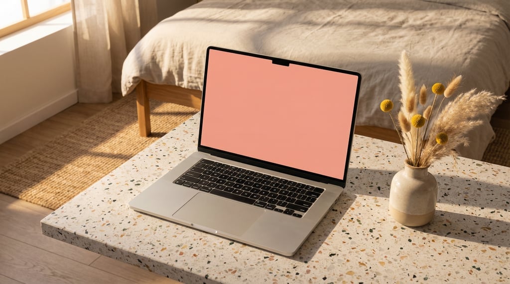Premium laptop on a terrazzo surface, blank solid pale coral screen with no content or UI