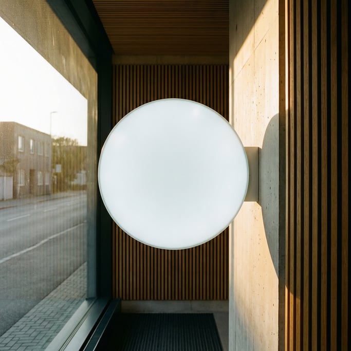 Round wall-mounted sign in a modern minimal lobby interior