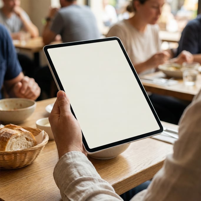 Hand holding a large tablet at a table in a restaurant