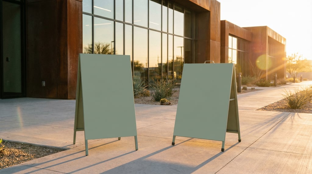 Freestanding A-frame sidewalk sign in front of a modern building
